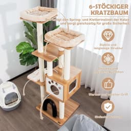 6-Tier Wooden Scratching Post, 176 cm Cat Tree with Cosy Mats & Cave & Cat Arch, Large Cat Scratching Post, Cat Furniture,