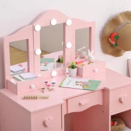 Children's Dressing Table Girls Vanity with Tri-Folding Mirror Open Storage Shelves Makeup Playset with Chair for Toddlers Kids