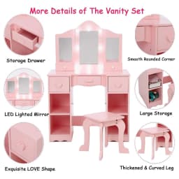 Children's Dressing Table Girls Vanity with Tri-Folding Mirror Open Storage Shelves Makeup Playset with Chair for Toddlers Kids