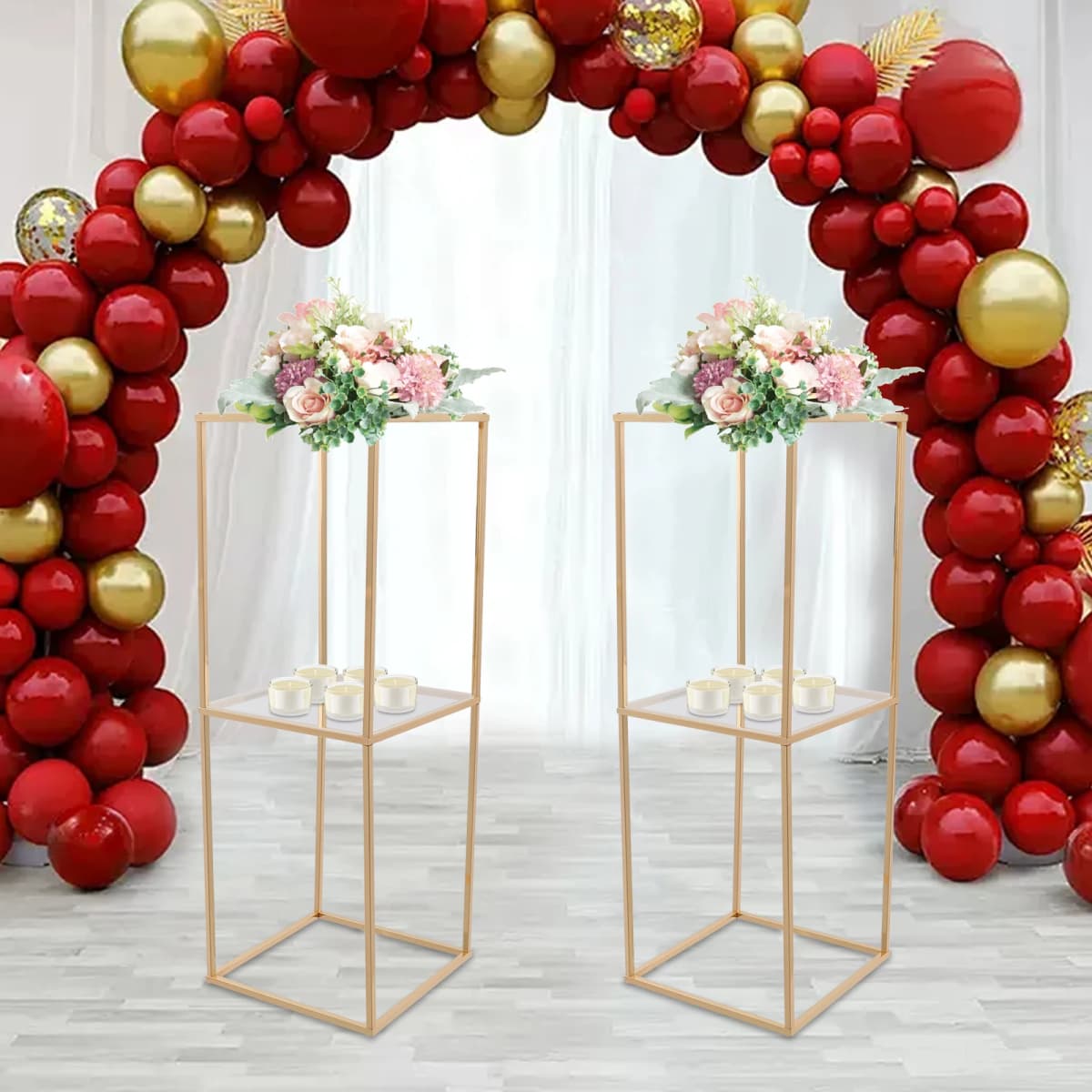2Pcs Wedding Flower Stand 80cm Tall Rectangle Metal Column Rack with Storage Board for Centerpiece Birthday Party Decorations