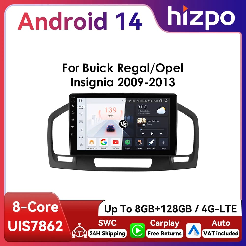 9" Hizpo 2Din CarPlay Android Auto Car Radio for Buick Regal Opel Insignia 2009 - 2013 UIS7862 Multimedia GPS RDS DSP 360 CAM