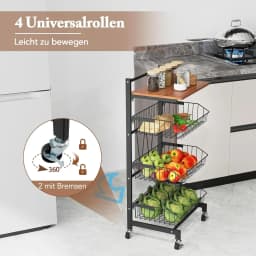 Serving Trolley with Wheels, Vegetable Rack with Extendable Baskets & Wooden Plate, Height Adjustable, 4 Levels, Kitchen