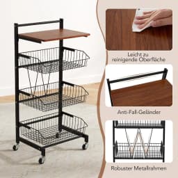Serving Trolley with Wheels, Vegetable Rack with Extendable Baskets & Wooden Plate, Height Adjustable, 4 Levels, Kitchen