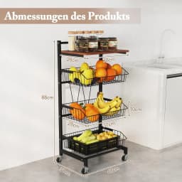 Serving Trolley with Wheels, Vegetable Rack with Extendable Baskets & Wooden Plate, Height Adjustable, 4 Levels, Kitchen