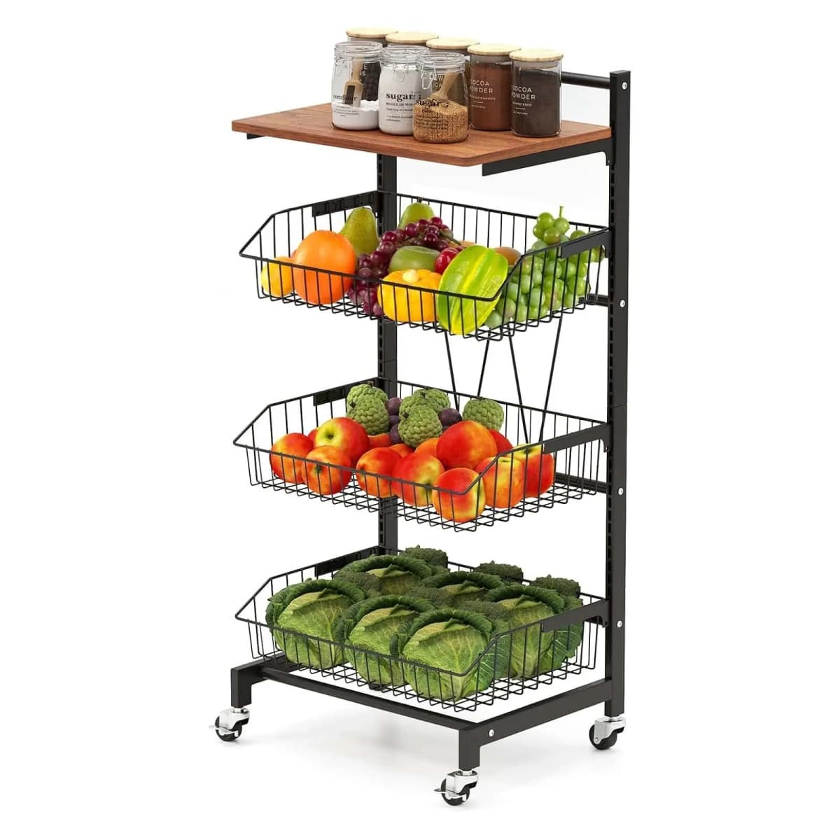Serving Trolley with Wheels, Vegetable Rack with Extendable Baskets & Wooden Plate, Height Adjustable, 4 Levels, Kitchen