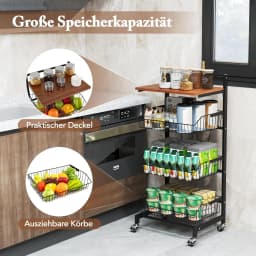 Serving Trolley with Wheels, Vegetable Rack with Extendable Baskets & Wooden Plate, Height Adjustable, 4 Levels, Kitchen
