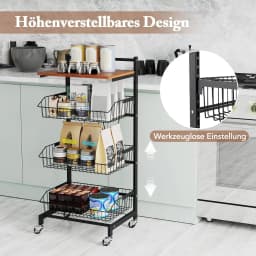 Serving Trolley with Wheels, Vegetable Rack with Extendable Baskets & Wooden Plate, Height Adjustable, 4 Levels, Kitchen