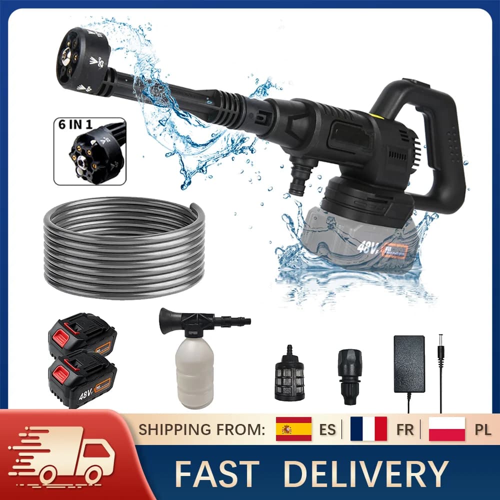 21V Electric High Pressure Washer 10Bar Cordless Garden Car Cleaning Gun with 6in1 Nozzle 5m Hose Foam Spray Cleaner Power Tool