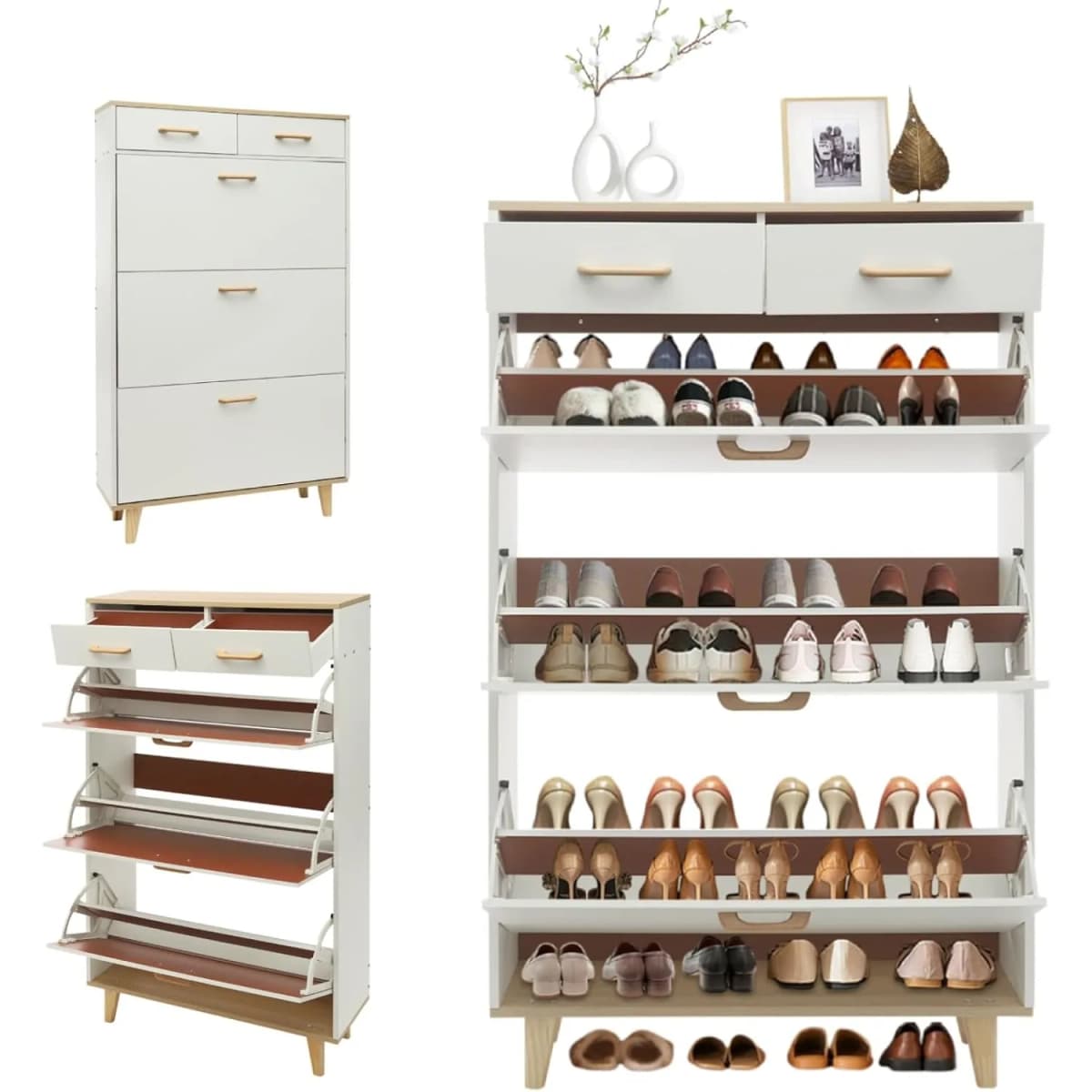 Free Standing shoe cabinet W/ 3 folding racks & 2 drawers, 80*24*135cm Shoe Cabinet for Entrances, Cloakrooms, corridor