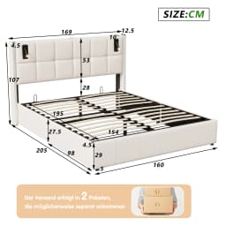 Creahappy Double Bed - 160 x 200 cm Upholstered Bed with Reading Lights, Hydraulic Bed, Storage Function, Slatted Bed Base