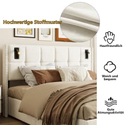 Creahappy Double Bed - 160 x 200 cm Upholstered Bed with Reading Lights, Hydraulic Bed, Storage Function, Slatted Bed Base