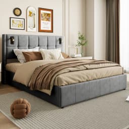 Creahappy Double Bed - 160 x 200 cm Upholstered Bed with Reading Lights, Hydraulic Bed, Storage Function, Slatted Bed Base