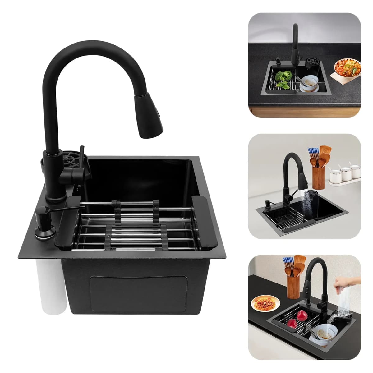 BYMAOCAR Kitchen Sink, 45x40 Cm, Integrated Sink, Detachable, 360, with Sink+drain Tank+soap Collector for Sink, Bottom Floor