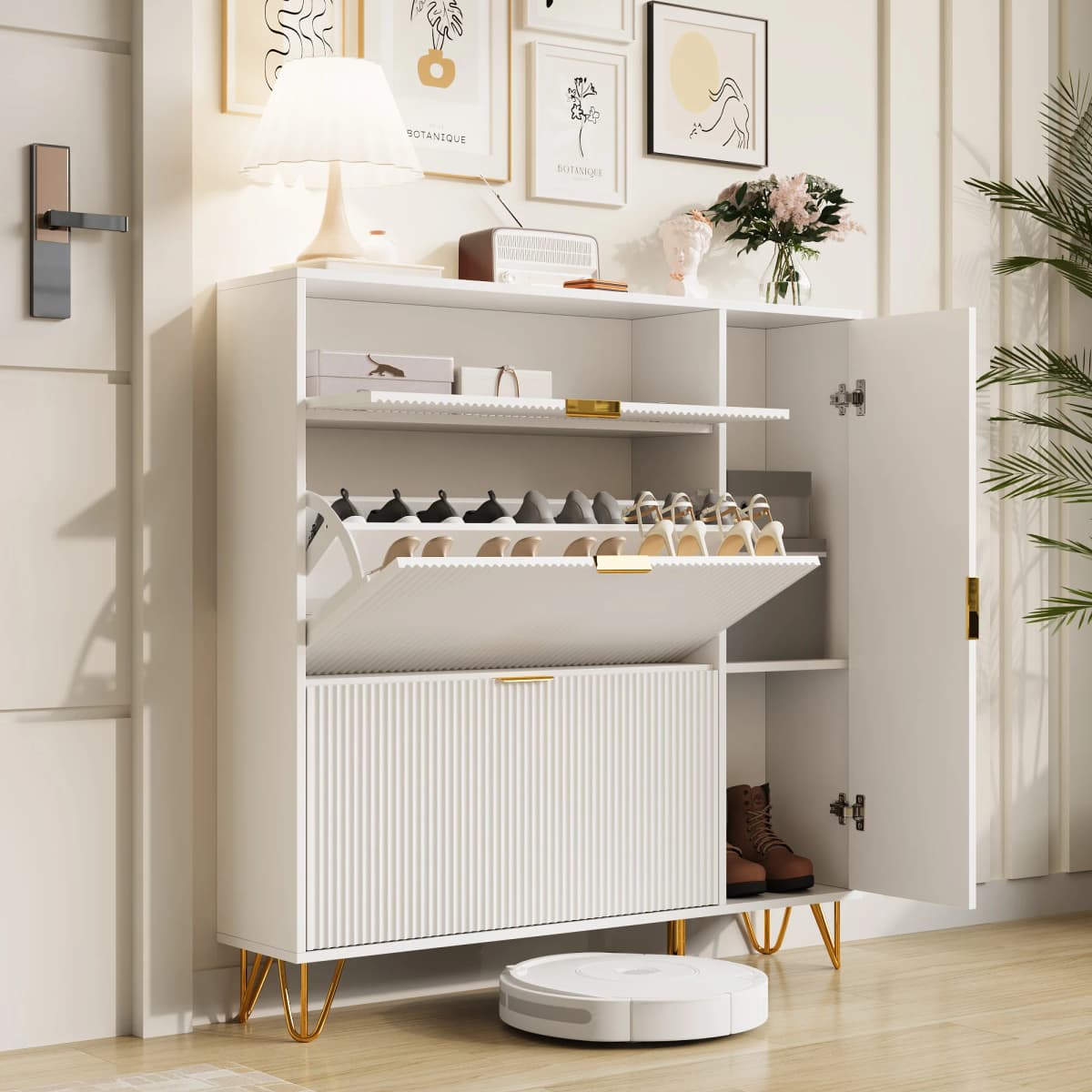 Rosahqnda Dust-proof shoe rack metal feet flip-top cabinetfor escape, hallway, living room, 80/110x24x120 cm