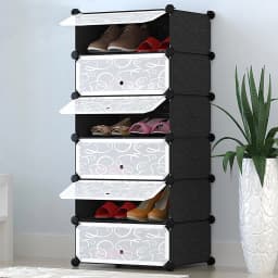 Shoe Rack, Plastic Shoe Cabinet, Storage With Door, Dust and Water Resistant, 6 Compartments for 12 Pairs of Shoes, Black