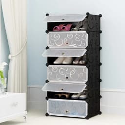 Shoe Rack, Plastic Shoe Cabinet, Storage With Door, Dust and Water Resistant, 6 Compartments for 12 Pairs of Shoes, Black