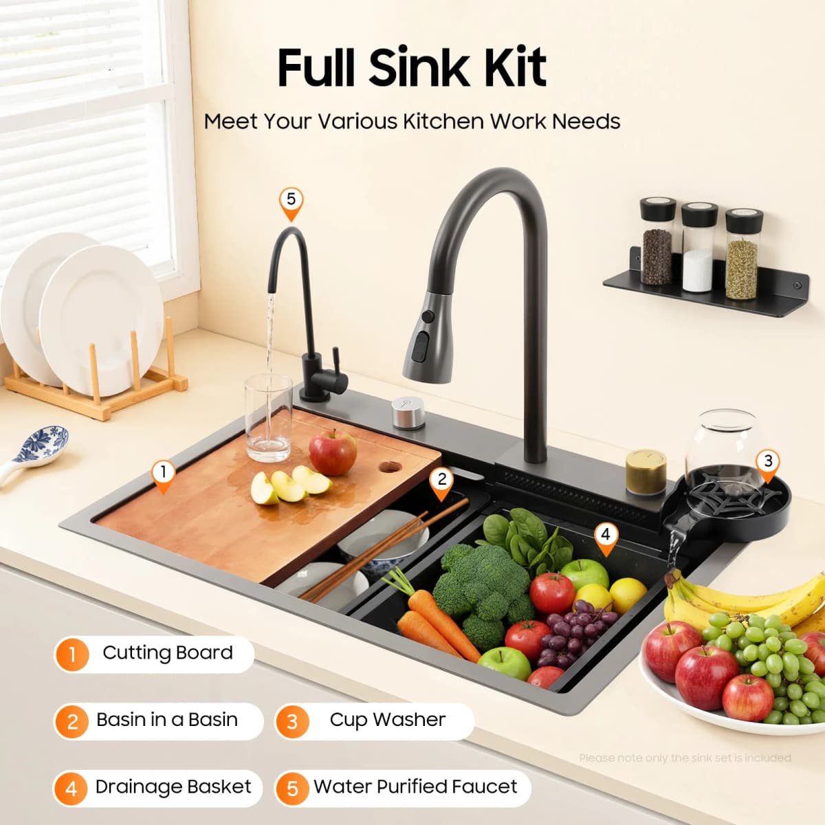 Stainless Steel Kitchen Sink Gun-grey Rectangular Household Sink Set with Drainage Basket 2 Faucets Cutting Board Cup Washer
