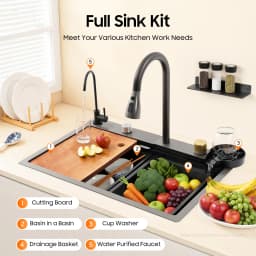 Stainless Steel Kitchen Sink Gun-grey Rectangular Household Sink Set with Drainage Basket 2 Faucets Cutting Board Cup Washer
