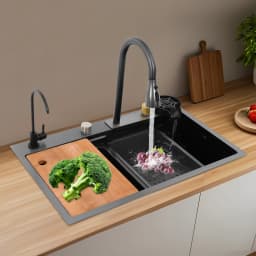 Stainless Steel Kitchen Sink Gun-grey Rectangular Household Sink Set with Drainage Basket 2 Faucets Cutting Board Cup Washer