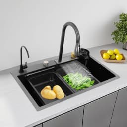 Stainless Steel Kitchen Sink Gun-grey Rectangular Household Sink Set with Drainage Basket 2 Faucets Cutting Board Cup Washer