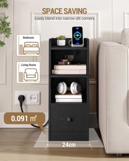 Bedside Table, with Charging Station, USB & Type C Connection, Narrow Side Table, 3 Levels of Storage with 1 Drawer, White