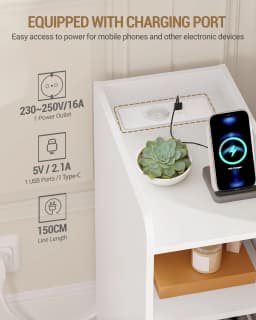 Bedside Table, with Charging Station, USB & Type C Connection, Narrow Side Table, 3 Levels of Storage with 1 Drawer, White