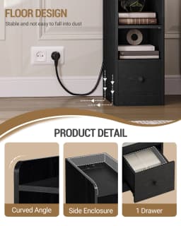 Bedside Table, with Charging Station, USB & Type C Connection, Narrow Side Table, 3 Levels of Storage with 1 Drawer, White