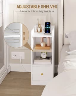 Bedside Table, with Charging Station, USB & Type C Connection, Narrow Side Table, 3 Levels of Storage with 1 Drawer, White