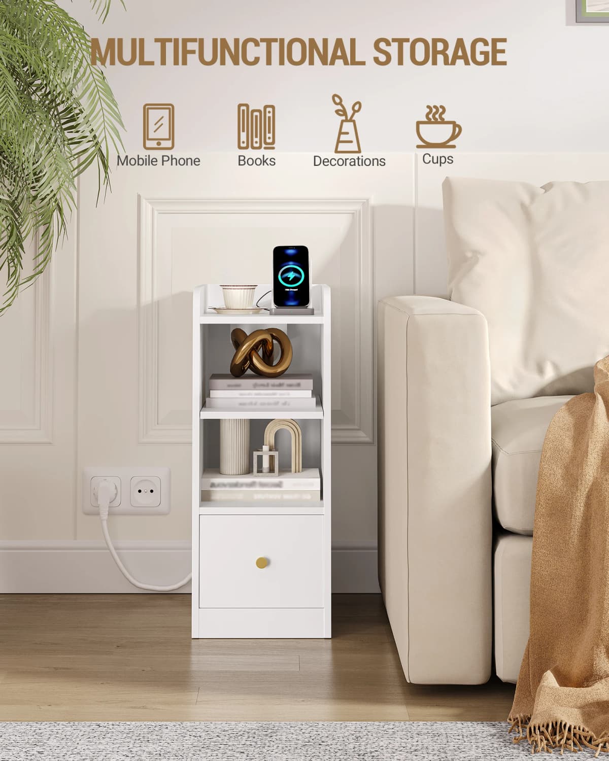 Bedside Table, with Charging Station, USB & Type C Connection, Narrow Side Table, 3 Levels of Storage with 1 Drawer, White