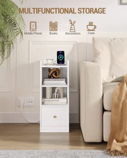 Bedside Table, with Charging Station, USB & Type C Connection, Narrow Side Table, 3 Levels of Storage with 1 Drawer, White