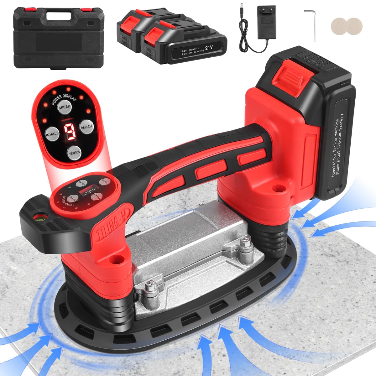 Electric Tile Vibration Machine 9 Adjustable Speed LCD Screen Dual-Vibration Brushless Motor For Ceramic 2Pcs 1500mAh Batteries