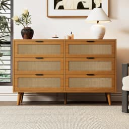 Neoclassical Sideboard with 6 Drawer Highboard Cabinet Large Storage Space, Rattan + Wood, for Bedrooms, Living rooms