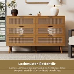 Neoclassical Sideboard with 6 Drawer Highboard Cabinet Large Storage Space, Rattan + Wood, for Bedrooms, Living rooms