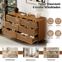 Neoclassical Sideboard with 6 Drawer Highboard Cabinet Large Storage Space, Rattan + Wood, for Bedrooms, Living rooms