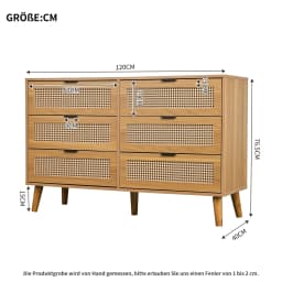 Neoclassical Sideboard with 6 Drawer Highboard Cabinet Large Storage Space, Rattan + Wood, for Bedrooms, Living rooms