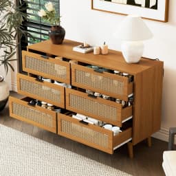Neoclassical Sideboard with 6 Drawer Highboard Cabinet Large Storage Space, Rattan + Wood, for Bedrooms, Living rooms