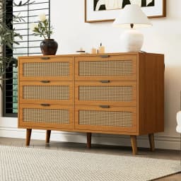 Neoclassical Sideboard with 6 Drawer Highboard Cabinet Large Storage Space, Rattan + Wood, for Bedrooms, Living rooms