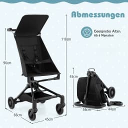 Foldable Pushchair for Airplane, Travel Buggy, Lightweight Children's Buggy, Baby Pram for Babies from 6 Months