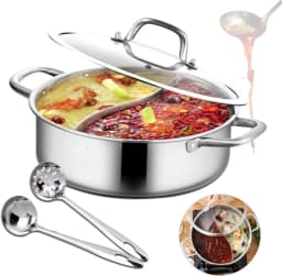 Hot Pot with Divider and Glass Lid, 304 Stainless Steel Pot, Cooking Pot Set for Induction Hobs, Gas Hobs, and Oven Pot