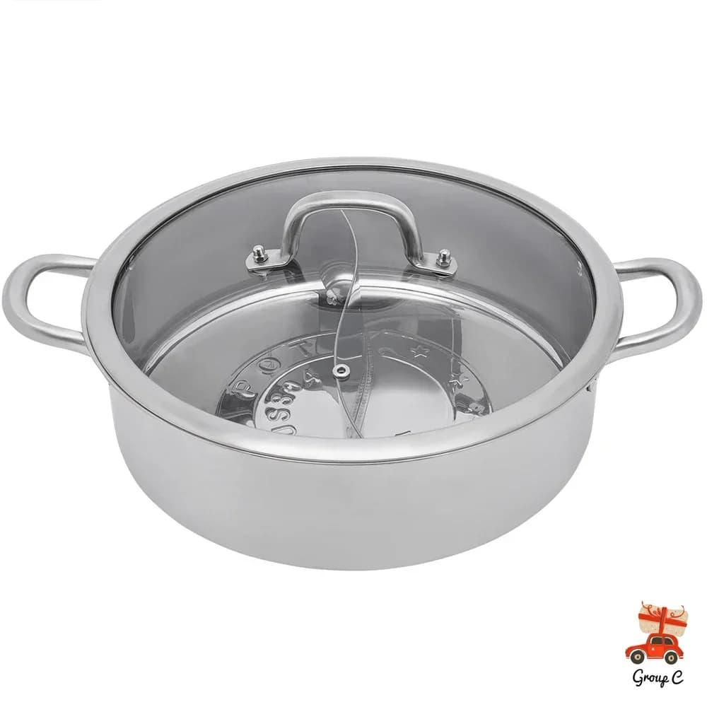 Hot Pot with Divider and Glass Lid, 304 Stainless Steel Pot, Cooking Pot Set for Induction Hobs, Gas Hobs, and Oven Pot