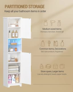 Bathroom Cabinet with LED, Storage Cabinet with Two Cabinet Doors, Adjustable Shelves, White