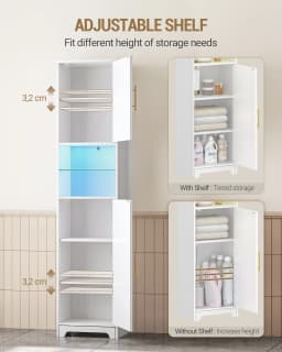 Bathroom Cabinet with LED, Storage Cabinet with Two Cabinet Doors, Adjustable Shelves, White