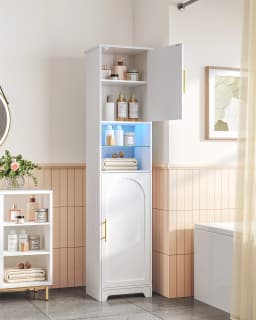 Bathroom Cabinet with LED, Storage Cabinet with Two Cabinet Doors, Adjustable Shelves, White