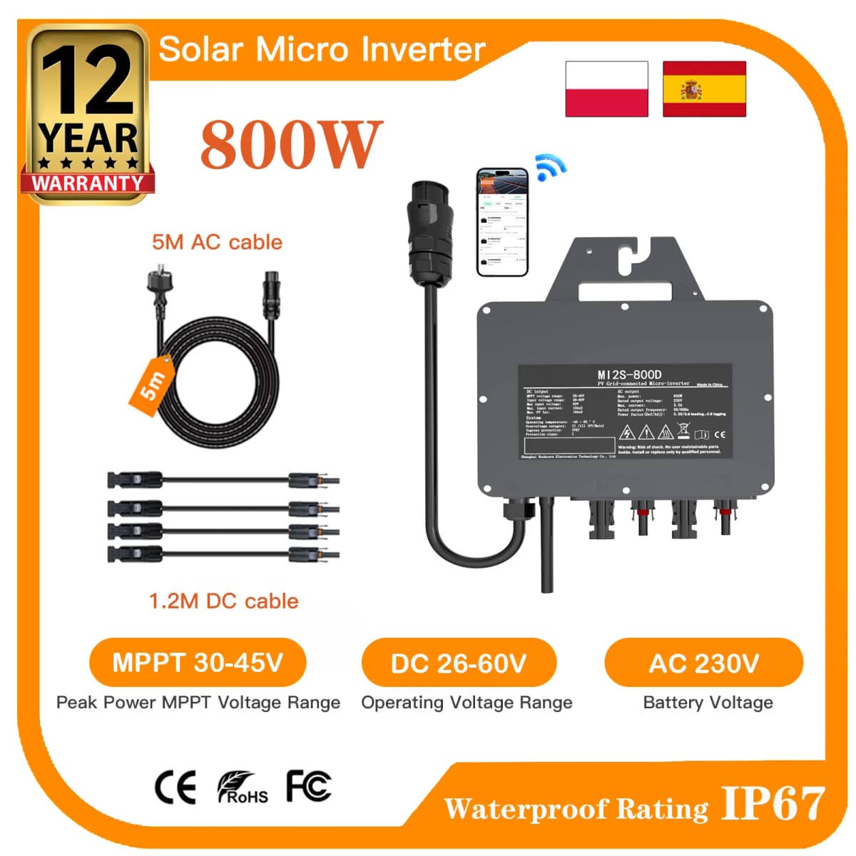 800W IP67 Solar Grid Tie Inverter 26-60V DC 230V AC Built-in WiFi for Domestic PV Grid on Micro Converter Warranty for 12 Years