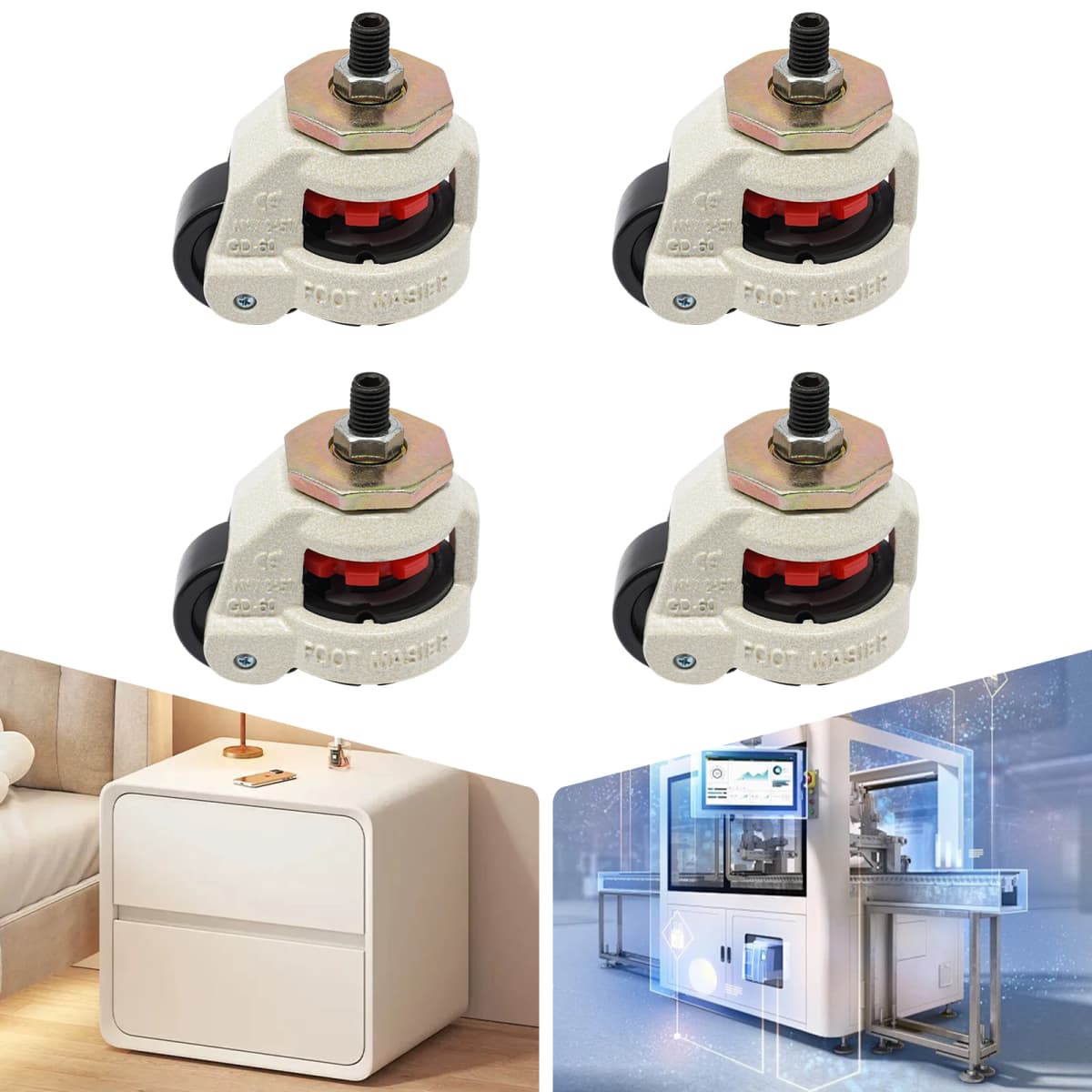 4Pcs Durable Retractable Leveling Casters Wheel W/ 360 Degree Swivel Heavy Duty Industrial Machine Swivel Caster