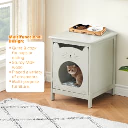 Bedside Table Cat House Cat Litter Box Enclosure with Soft Mat, Side Table Pet House with Door Pet Crate Cat House