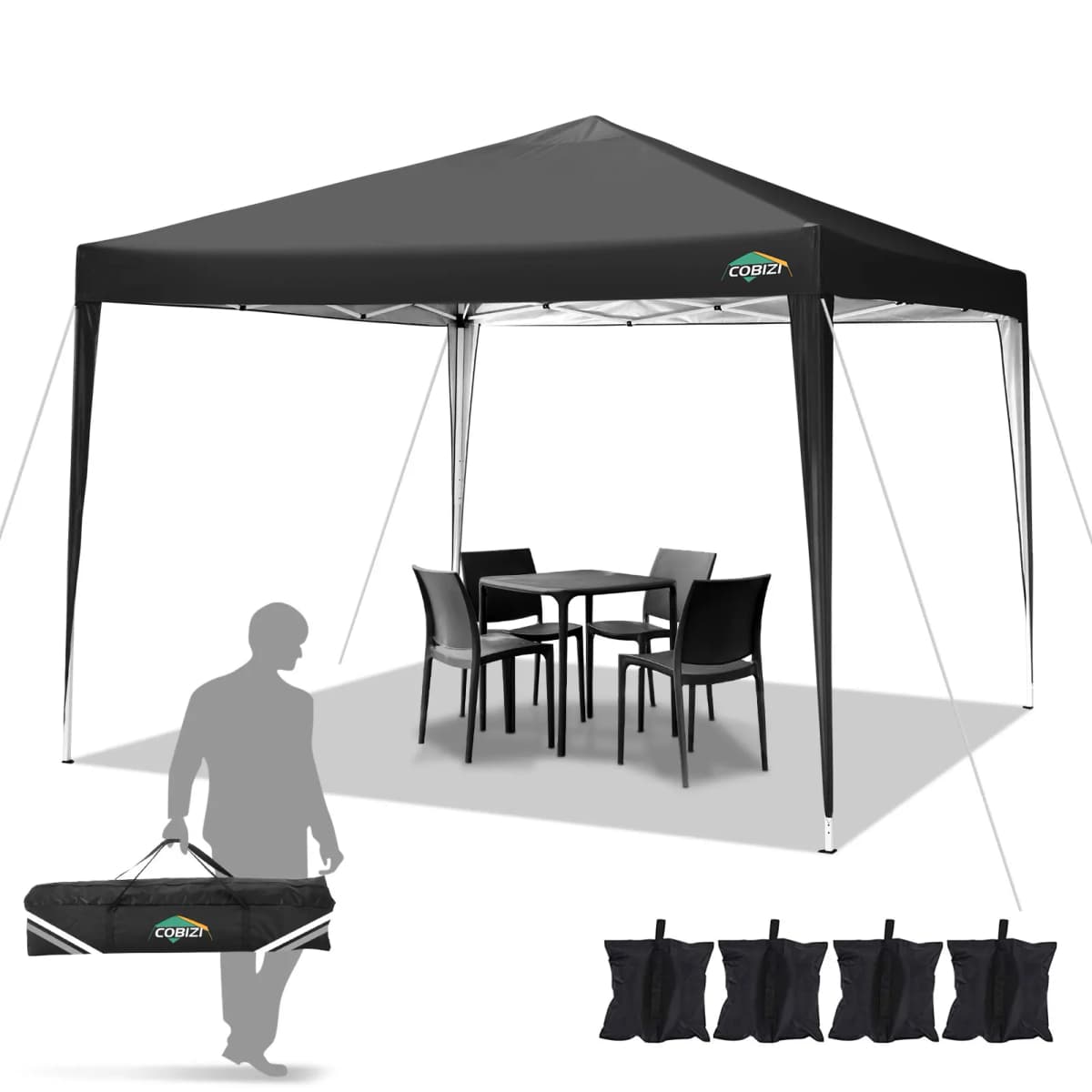 3×3m Outdoor Pop Up Canopy Tent, Camping Party Tent, Commercial Portable Waterproof Backyard Gazebo with 4 Sandbags