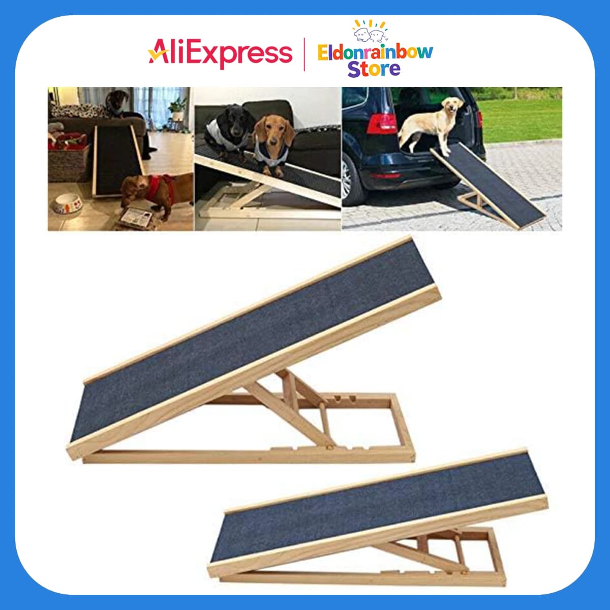 Solid Wooden Pet Ramp Car Dog Ladder - 4-Height Adjustable with Non-slip Carpet Safety Pets Ladder-Wooden Dog Ramp Pet Puppy