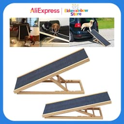 Solid Wooden Pet Ramp Car Dog Ladder - 4-Height Adjustable with Non-slip Carpet Safety Pets Ladder-Wooden Dog Ramp Pet Puppy