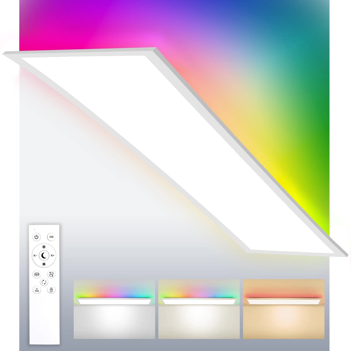 LED Panel Ceiling Light 100x25cm 30W, Dimmable with Remote, RGB Backlight, 3000K-6500K for Living Room, Office, Etc.